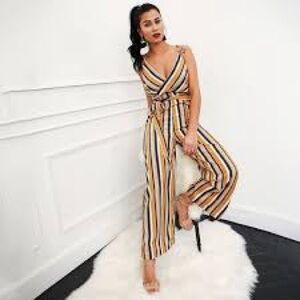 Striped Jumpsuit in Black, White, and Tan